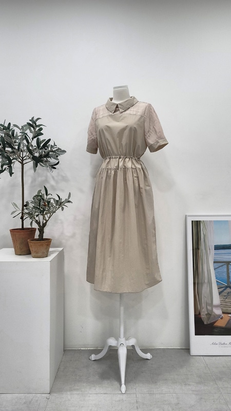 オーガンザ配色ウエストストリング XL ベージュ背の低い女性ミディワンピース結婚式祝賀客ワンピース 9,990円