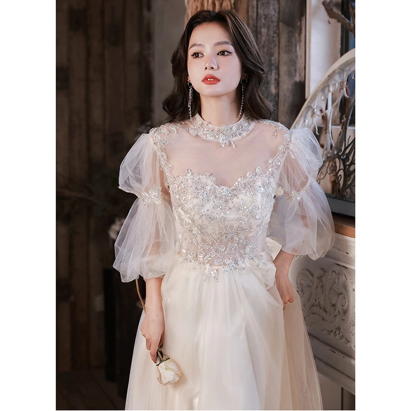 カラードレス ファスナー パーティードレス ウエディングドレス ロングドレス バルーンスリーブ シャンパン クリーム 結婚式 二次会 発表会 ウェディングドレス ゲストドレス 花嫁 ブライダル フォー