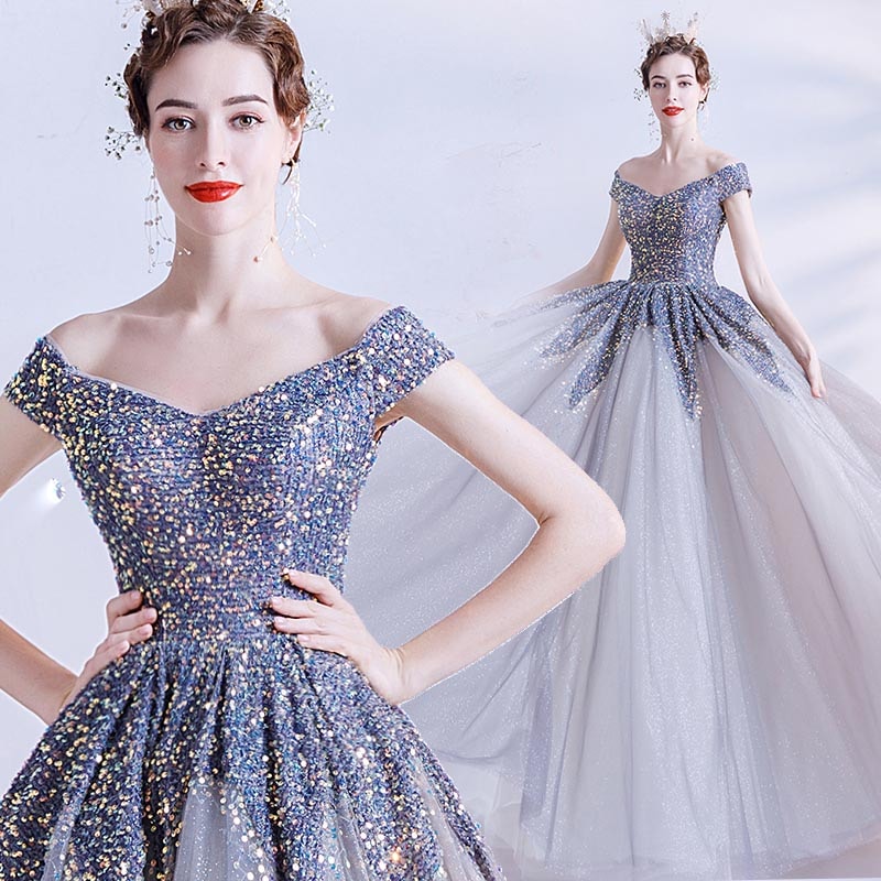 シンプルデザイン ロングドレス カラードレス ブルー オフショルダー Aライン 発表会 プリンセスライン オフショルダー カラードレス ロングドレス 演奏会用ドレス 刺繍 ウェディングドレス 披露宴