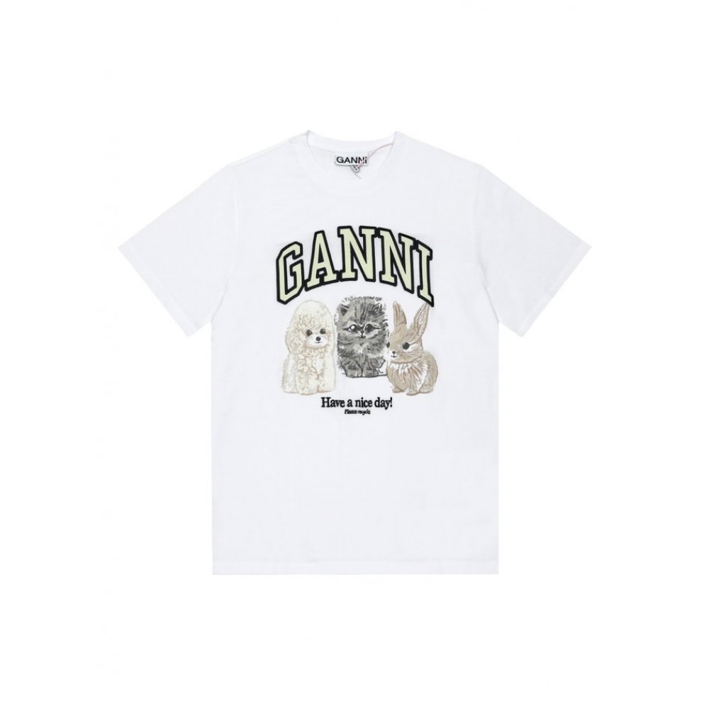 GANNI T4237 151 アニマルロゴプリントレディースショートスリーブTシャツ