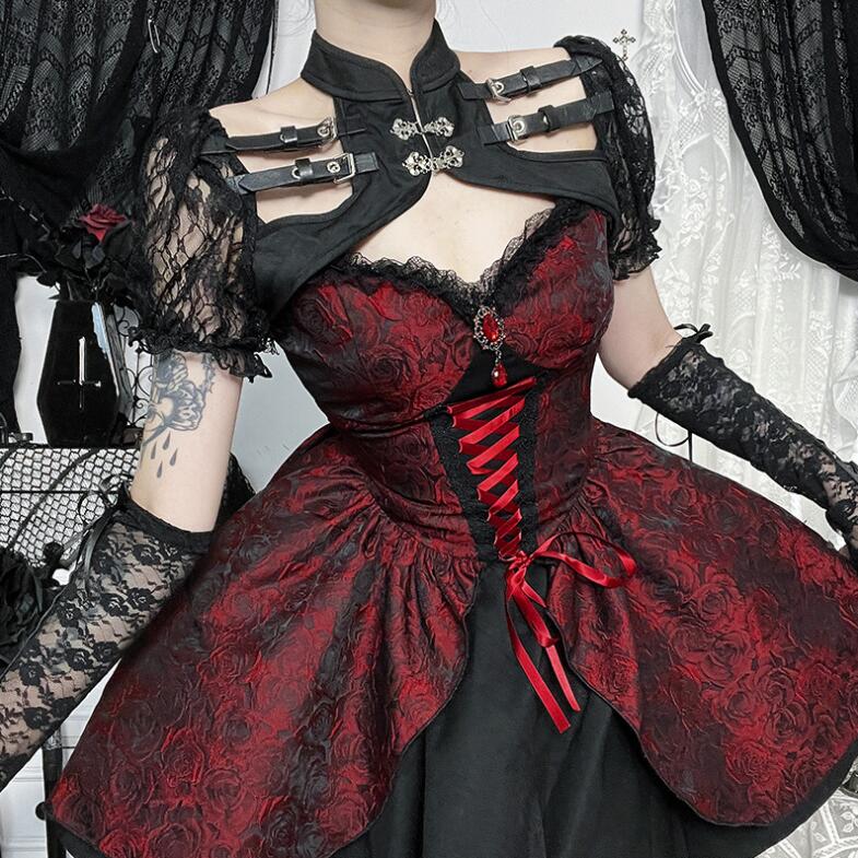 レディース ハロウィン コスプレ衣装 女性 ゴシック 暗黒風 キャミソール ワンピース ジャカード花柄 ドレス レース袖ボレロ 変身仮装 魔女 悪魔 吸血鬼 コスチューム オペラ 演出服