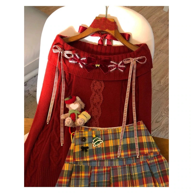 クリスマスレッドのワンショルダーリボン飾りニットセーターウエストトップ+ショートスカートスイート2点セット