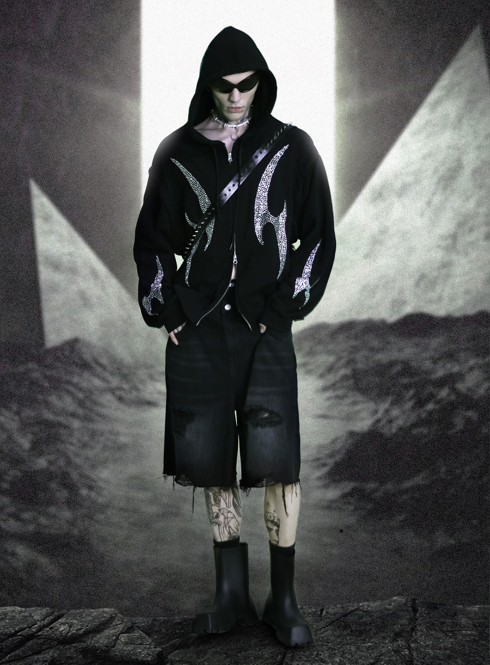 【BADBLOOD】 TRIVAL RHINESTONE FULL ZIP HOOD : BLACK
