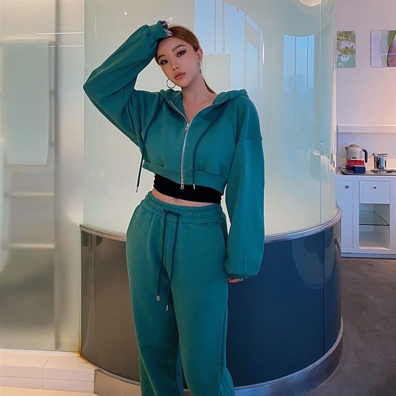 2023人気新作クルーネック春服レディーススウェットセットアップ上下二点韓国ファッションカジュアルアウトドアスポーツブランド怠惰風XJFZ861