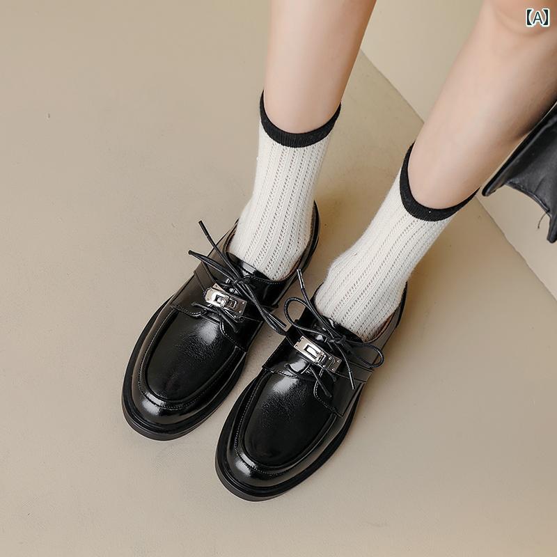 ローファー レディース 通学 通勤 学生 カレッジ 仕事 オフィス 春 スタイル 革 レースアップ 小さい 革靴 女性 英国 ラウンドトゥ 女性 ミディアム ヒール 厚手 ヒール シングル シューズ