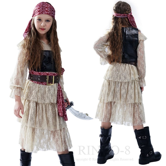 【大好評！最安値挑戦!】ハロウィン コスプレ 仮装 子供 海賊 女海賊 ワンピース レース ドレス 子供 4点セット ハロウィン 衣装 コスチューム 女子 パイレーツ 海賊 衣装 子供 カリビアン キ