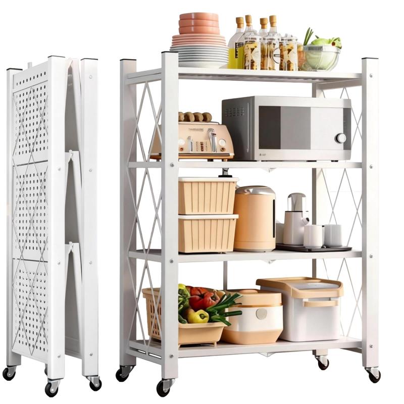 折りたたみラック スチールラック 折り畳みラック 収納 棚 メタルラック 4段 キャスター付き シェルフ コンパクト シェルフ キッチン収納 本棚 全体耐荷 業務用 組立商品 移動便利 食器棚 防サビ 9,554円