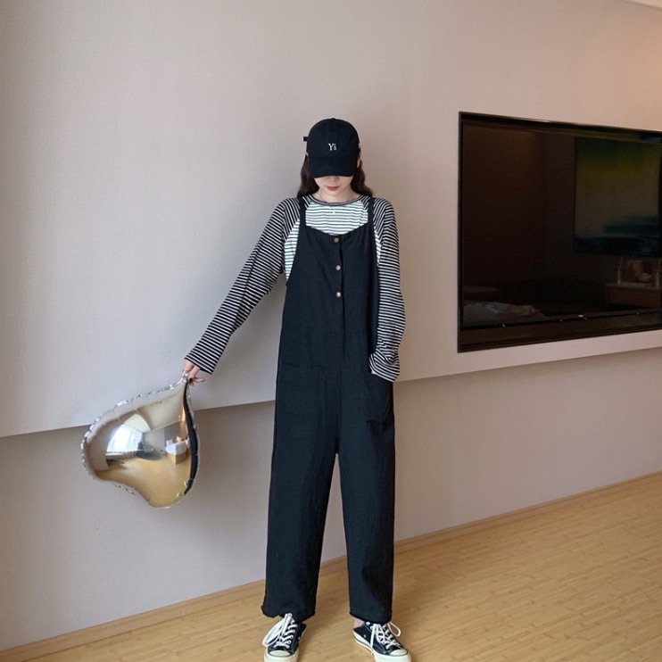 パンツ オーバーオール オールインワン ストレートパンツ ロング ロング丈 袖なし ノースリーブ 襟なし ポケット ハイウエスト 綿 かわいい 大人可愛い シンプル カジュアル 大人 おしゃれ レトロ