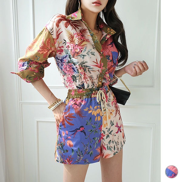 中華のおせち贈り物 セットアップ レディース シャツ 長袖 ショートパンツ ウエストゴム 上下セット ヤシの木柄 上品 きれいめ 春 夏 代 40代 50代 韓国 To セットアップ Colson Ctb Be