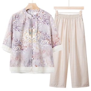 チャイナ風 半袖シャツ ブラウス ロングパンツ 上下セット 太極拳服 夏 大人用 唐服 漢服 写真撮影 チャイナ服 中華風 ヨガ服 レッスン着 ゆったり 大きいサイズ 日常着 普段着 30代40代50