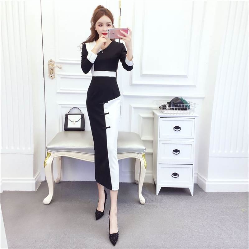 【急速出荷!】2色 キャバ ドレス ミモレ丈 膝下 長袖 ワンピース レディース タイト 個性的 バイカラー セクシー 黒 白 赤 ブラック ホワイト レッド 切り替え かっちり フォーマル ワンピ