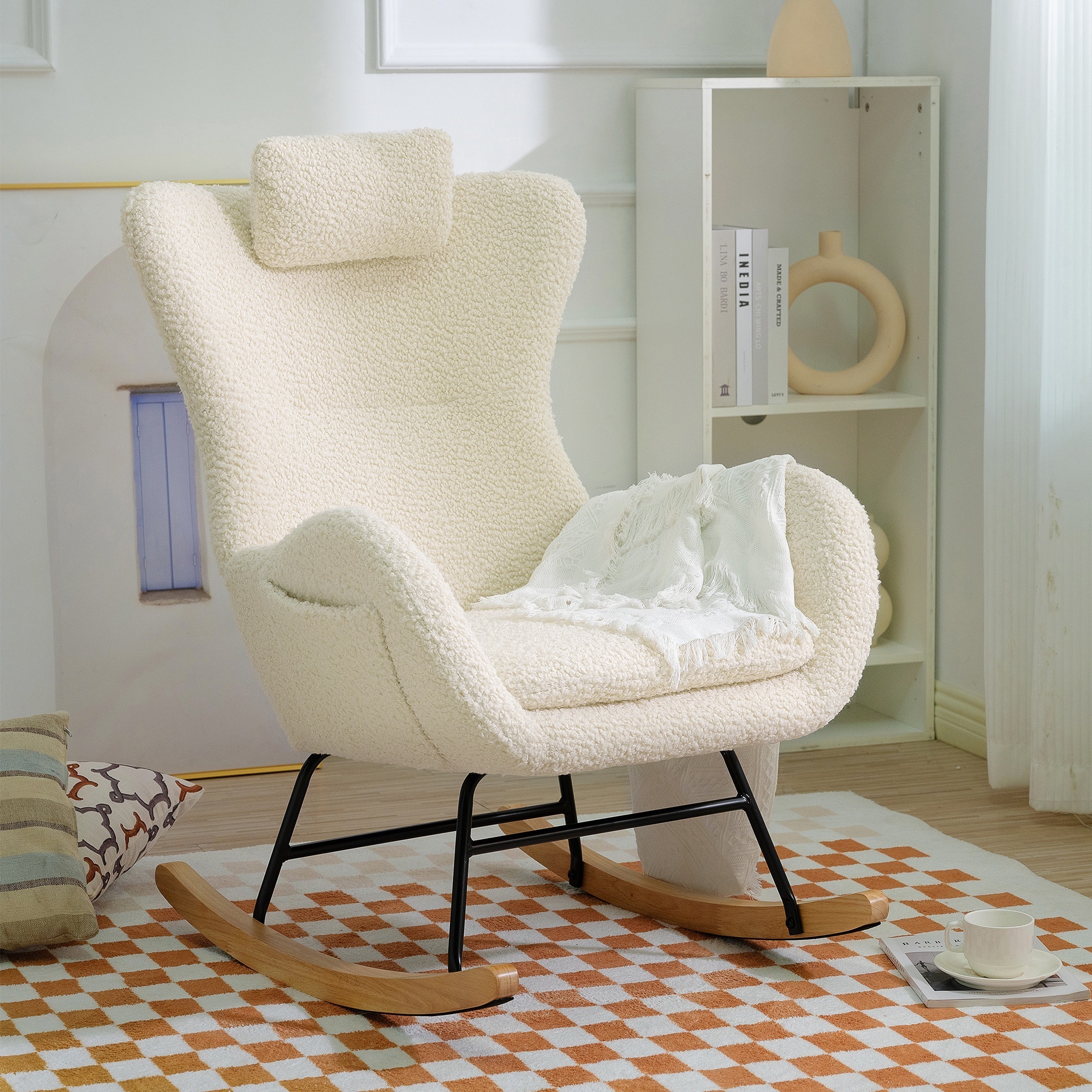 【大好評！最安値挑戦!】Rocking Chair Nursery, Teddy Upholstered Rocker Glider Chair with High Backrest, Adjusta