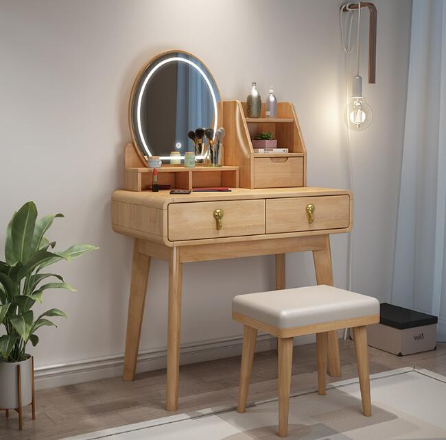 北欧風　無垢材化粧台原木色モダンシンプルライト付き寝室小戸型80 cmミラー付きミニ化粧台　化粧台＋ライト付きミラー＋チェア３点セット
