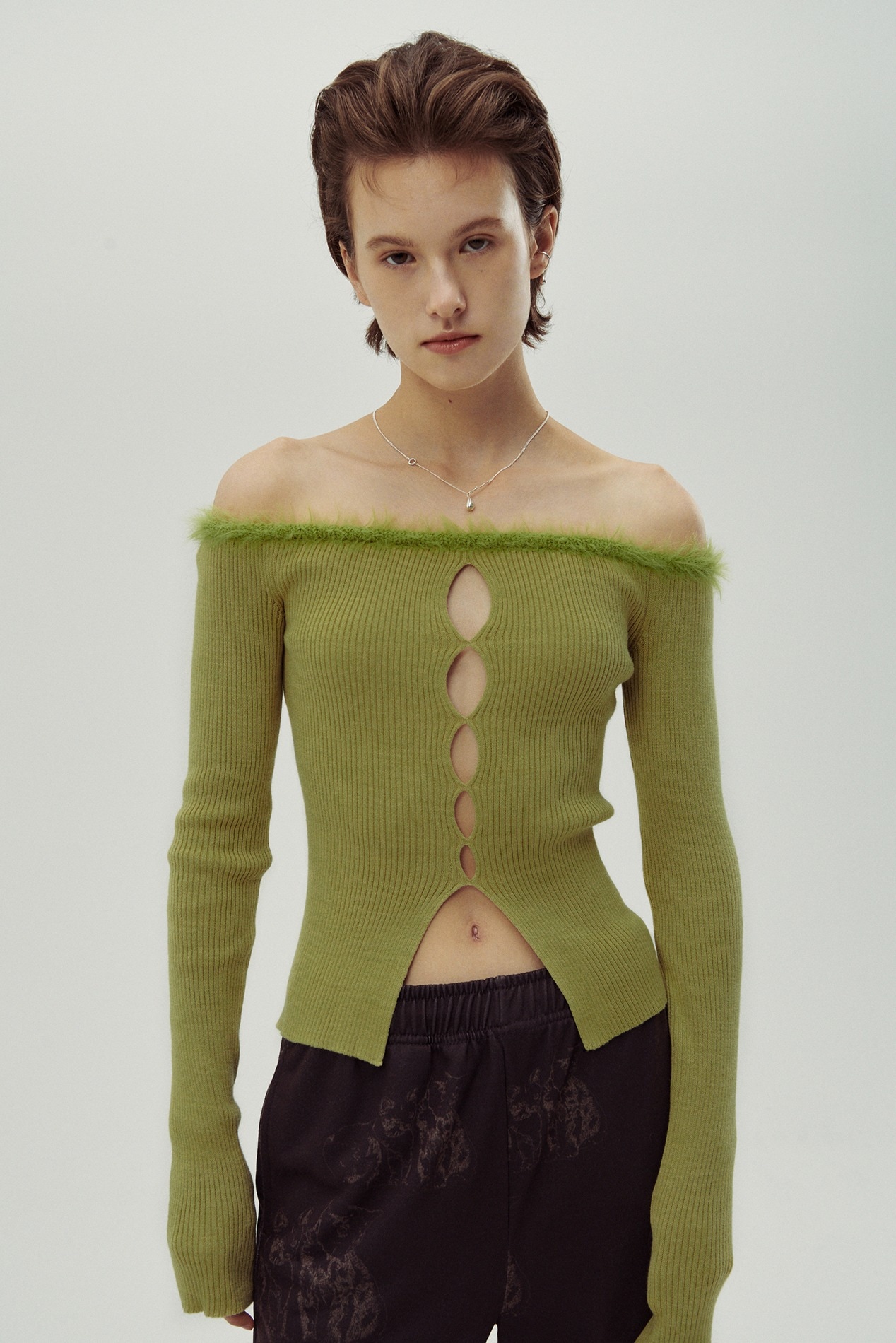 FW 22 FUR OFF SHOULDER SWEATER-GREEN
