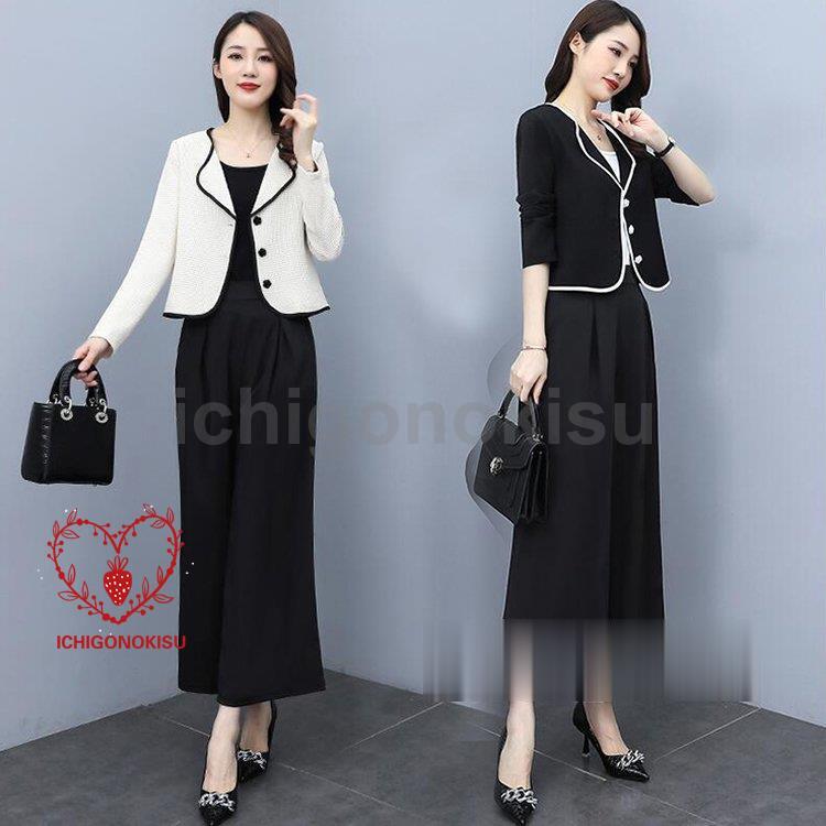 【WJ Fashion】パンツスーツ レディーススーツ ママスーツ ジャケット ワイドパンツ フォーマル 通勤 入園式 入学式 冬服 2点セット 着痩せ 結婚式 大人 20代 30代 40代