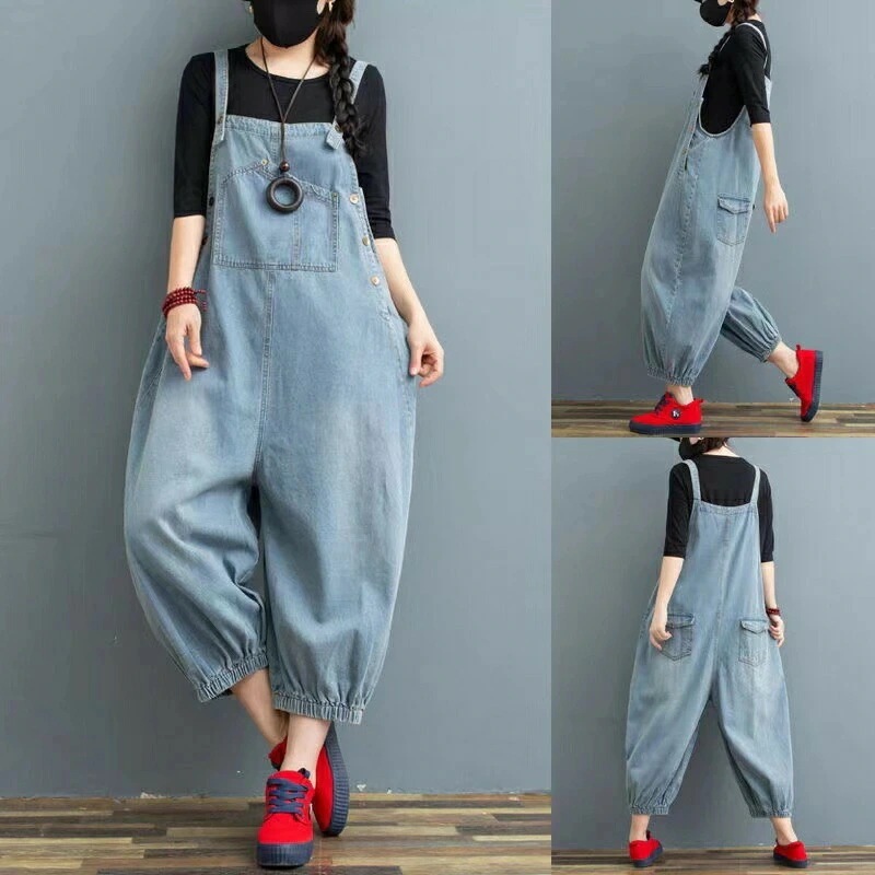 【急速出荷!】レディース オーバーオール 春夏 ゆったり ジーンズ デニム デニムサロペット ワイド デニムオーバーオールレディース ポケット付き ダボダボ ボトム 七分丈 サロペット ワイドパンツ
