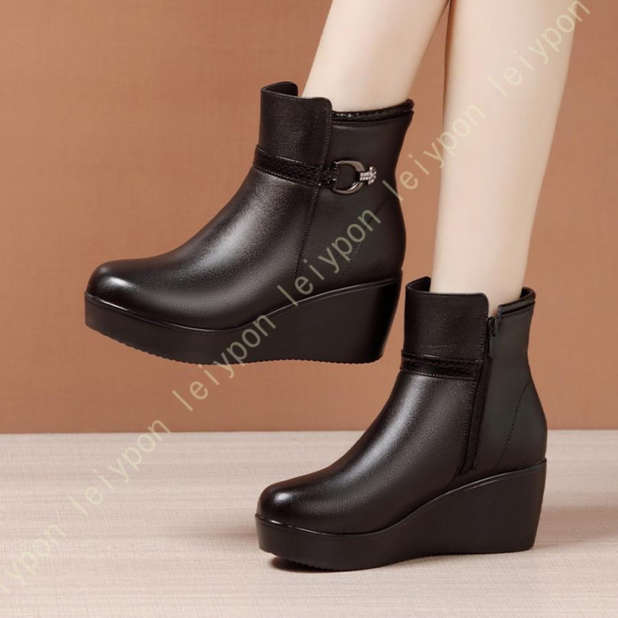 【即納】2色ショートブーツ レディース ブーツ ウエッジヒール フラット 厚底 ブーツ レディースラウンドトゥ ウエッジソール ブーツ ベルト飾り レディース