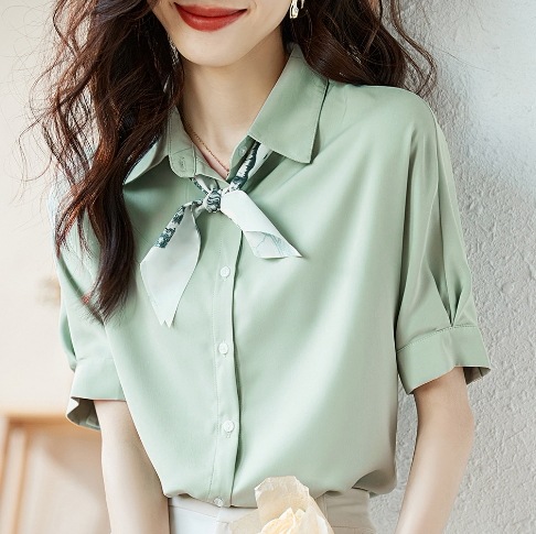 トップス シャツ ブラウス 袖あり 半袖 5分袖 五分袖 ボウタイ チュール シフォン 透け感 通気性 薄手 きれいめ シンプル 上品 おしゃれ お洒落 かっこいい 可愛い 女子