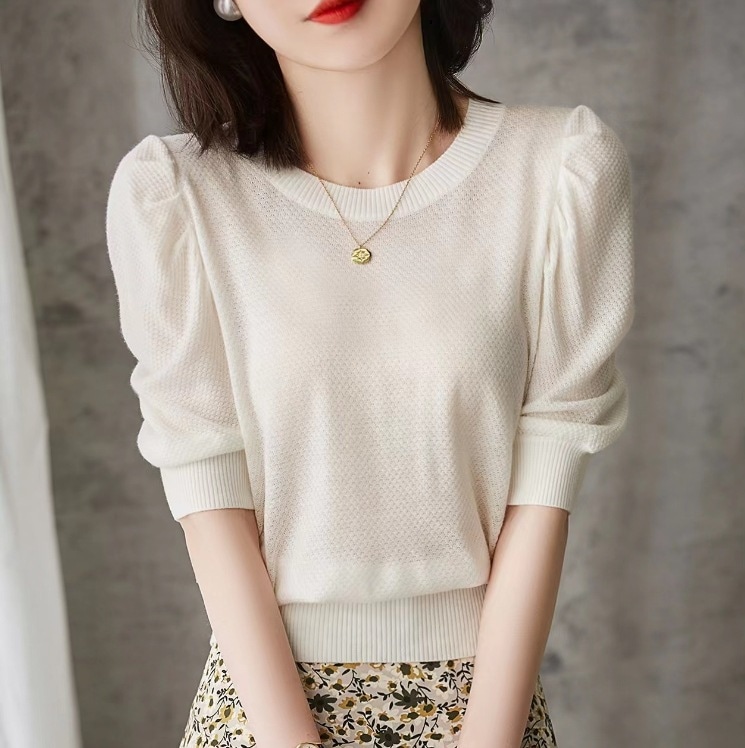 春夏半袖ニットセーター カジュアル半袖トップス パフスリーブトップス ガーリートップス トップス ブラウス ニットソー セーター プルオーバー 白トップス 袖あり 半袖 5分袖 五分袖 Uネック 5,687円