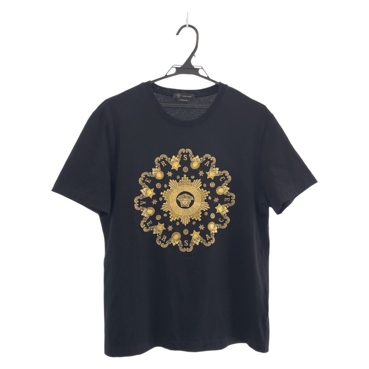 美品 メデューサ 刺繍 サイズL ブラック 黒 イエロー コットン 半袖Ｔシャツ クルーネック メンズ 503301