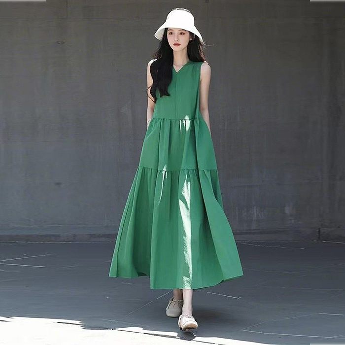 贩売促进 リゾートブリーズ ティアードフレア ノースリーブワンピース グリーン　ロングワンピース　ひざ下丈　V襟