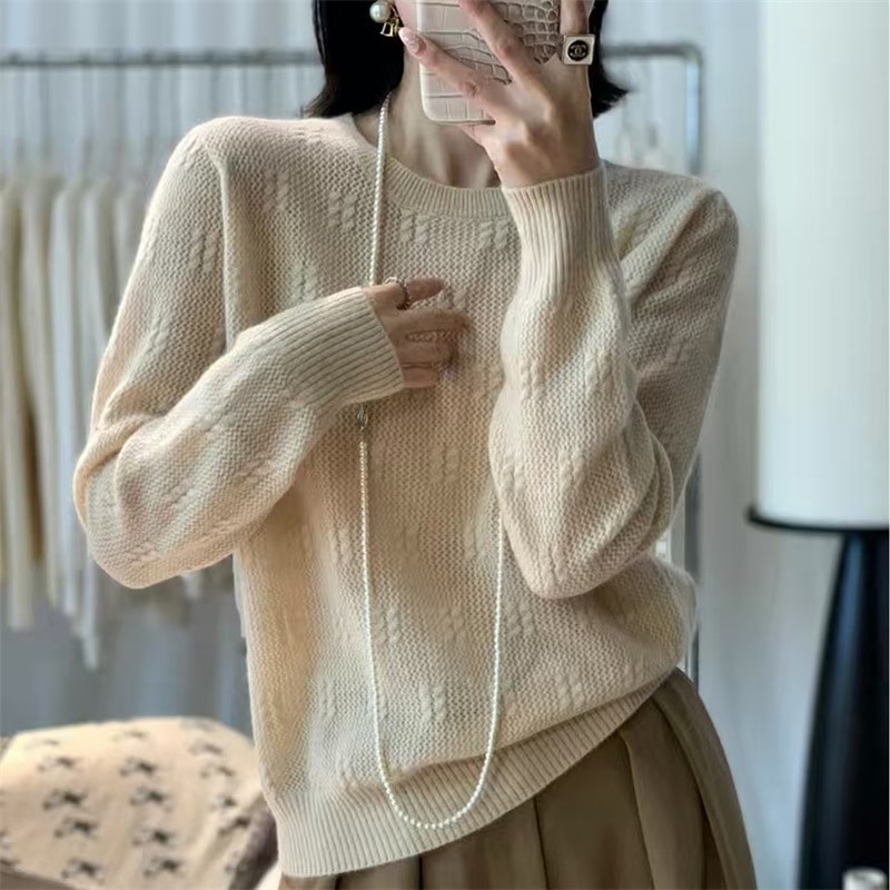 ダイヤモンド柄ウールニットセーターラウンドネック透かし彫りプルオーバーセーターレディースゆったり無地ウールセーター長袖ニットベースレイヤー