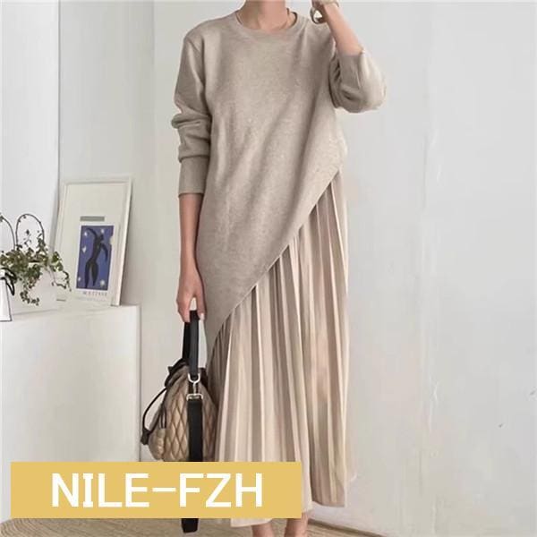 ワンピース レディース 秋冬 ロング丈 長袖 重ね風 レイヤード風デザインプリーツ ニット 異素材 切り替え 体のシルエットを拾いにくい お洒落な着こなし