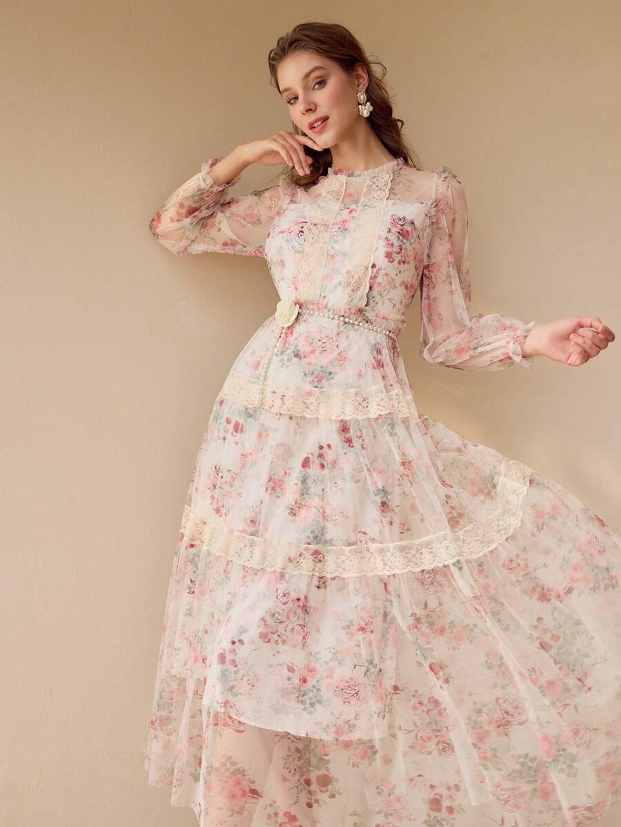 レディース フローラルプリント メッシュ&レース ロングスリーブ ドレス春夏