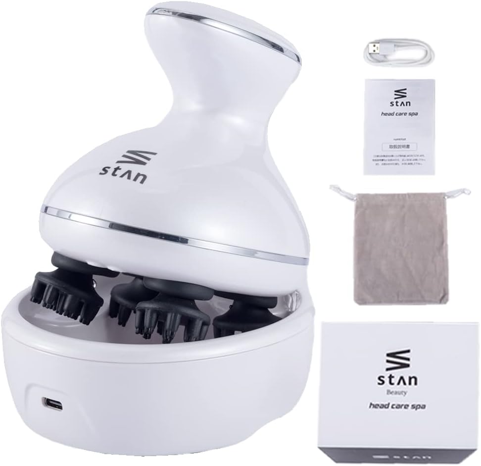 stan ヘッドスパ 電動頭皮ブラシ EMS 防水 IPX7 軽量 コードレス 頭皮ケア スカルプケア ギフト プレゼント (ホワイト)