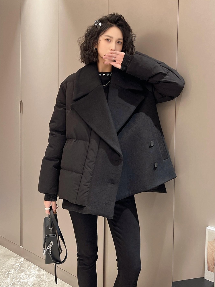 異素材MIXダウンジャケット ウールコート ダウンジャケット スーツカラージャケット ダウンコート ジャケット コート アウター レディース ルーズ ブラックコーデ モード系 大人上品 カジュアル