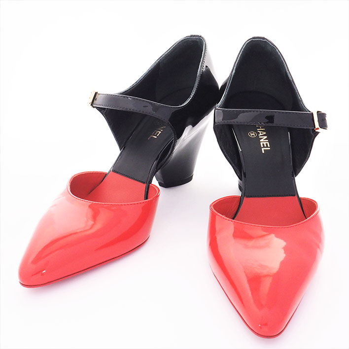 【美品】シャネル ココマーク CC ストラップシューズ バイカラー レディース パンプス ブラック サイズ8【中古】