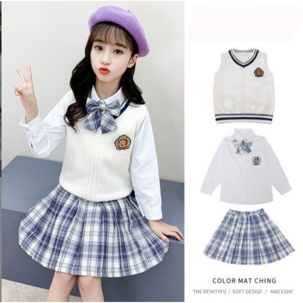 あちゃんジュニア女子セラルックスタイル女子ジュニア春秋スリーピースブラウスベストスカートセット制服スタイル小学生上下服フリーティースクールルック3種セットフルコーディネートベストスカートブルーセラック
