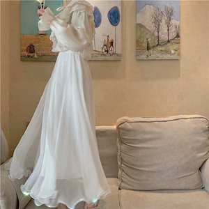 レディース 気質 大きい裾 ロングスカート 純情 キャンパス風 ホワイト シフォンスカート