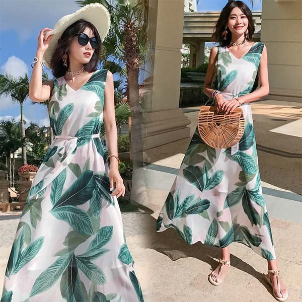リーフ柄 ハワイアン ワンピース ビーチワンピース レディース リゾート マキシワンピ 夏