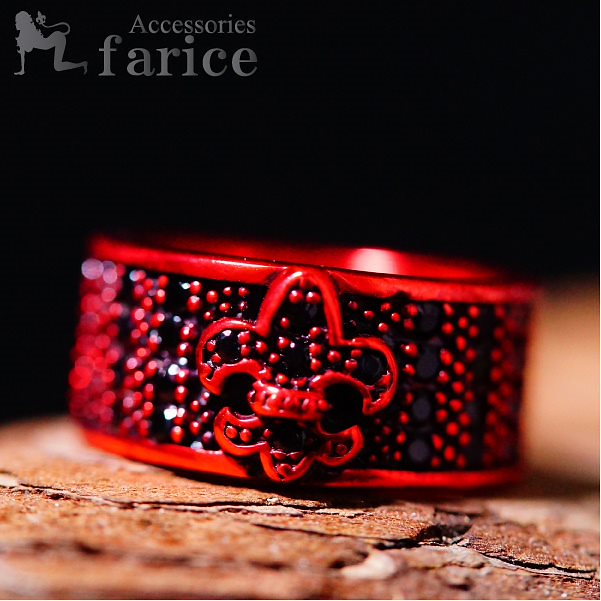 キュービックジルコニアパヴェ&シングルフレアメタル レッドカラーシルバーリング