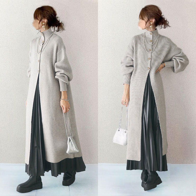 【柔らかく通気性】 長袖 おしゃれ度高め ハイネック ボタン スリット カジュアル ナチュラル シンプル カーディガン