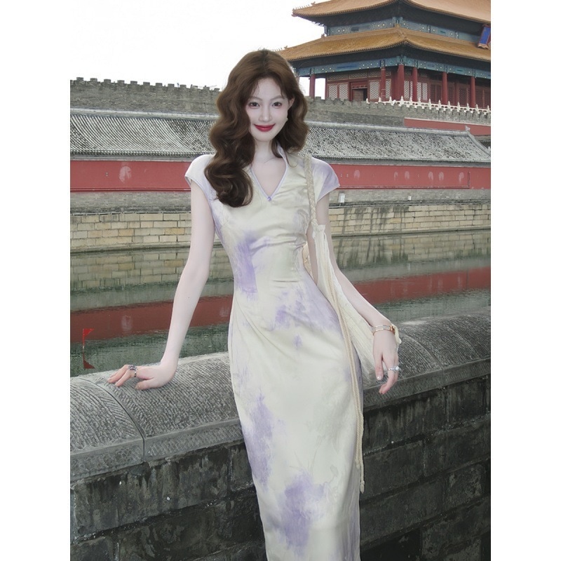 新しい中国風改良チャイナドレス高級民族風ウエストスリム半袖ドレス気質ロングスカート