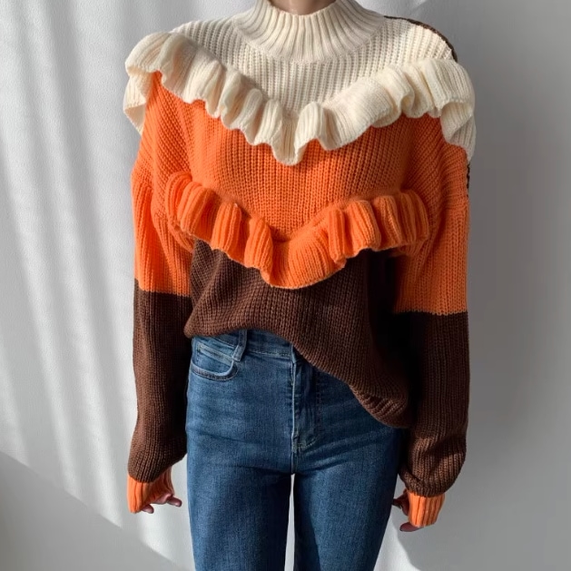 レディース トップス ニット セーター 普通丈 長袖 袖あり ハイネック 襟なし フリル 配色 大人可愛い シンプル カジュアル おしゃれ レトロ 個性的 ナチュラル 無地 秋 冬 クリスマス