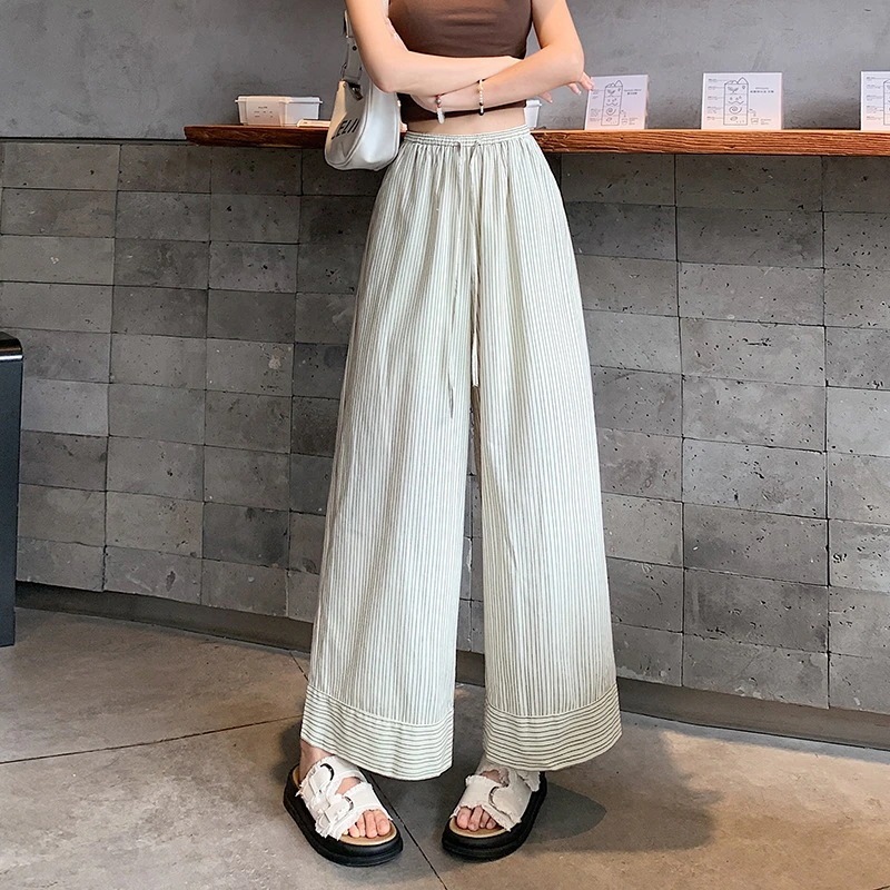 ワイドパンツ ワイドパンツ レディース ストライプコットンンワイドパンツ 夏の薄手ゴム入りハイウエストドレープワイドパンツ ストレートルーズカジュアル9分丈パンツ