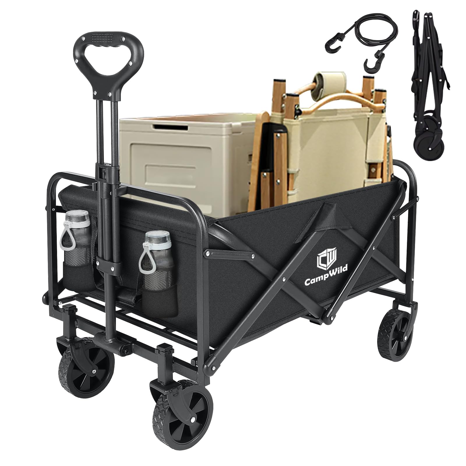 CampWild キャリーワゴン折りたたみ式キャリーカート アウトドア用キャリーワゴン 軽量 大容量100L 耐荷重100kg 収納ポケット付 コンパクト ワンタッチ 持ち運び便利 (黒色)
