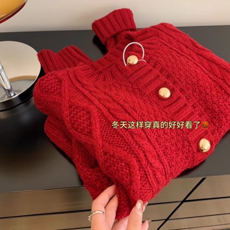 フレンチスタイルの優しいスタイルクリスマスレッドツイストセーターカーディガン秋と冬暖かく快適な女性のためのスリムセータージャケット