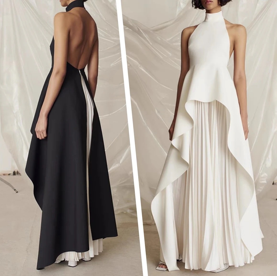 ドレス2点セット ロングドレス+プリーツスカート 首をかける 露の背中を 前撮り 後撮り 披露宴 結婚式 二次会 花嫁 演奏会 発表会 卒業会