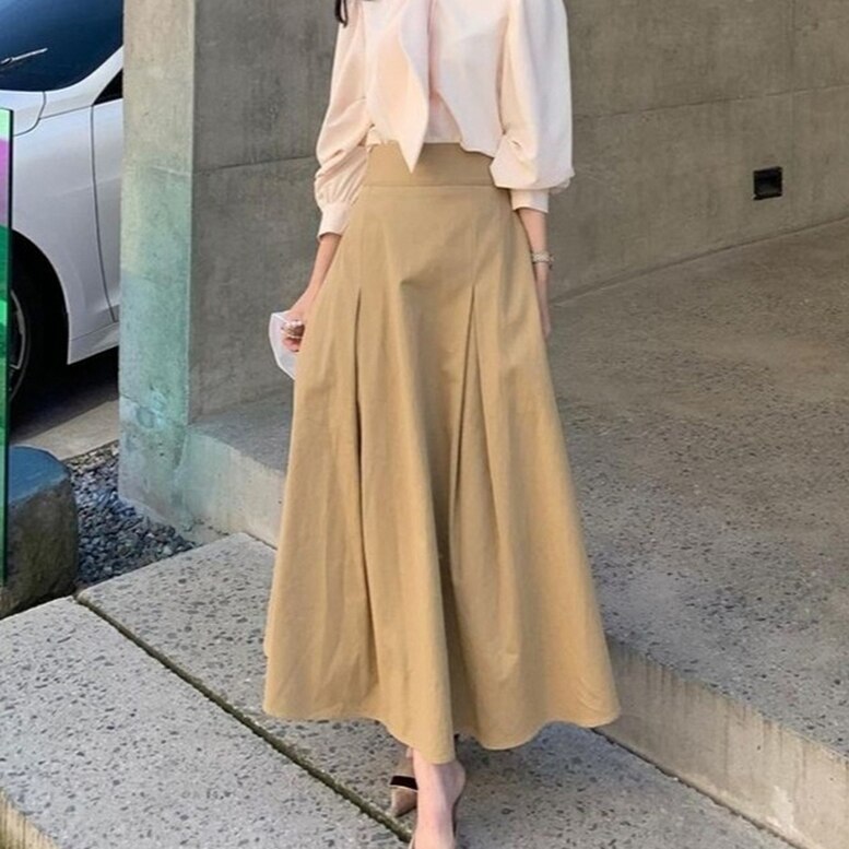 レディース ハイウエストタックロングスカート スカート ボトムス ロングスカート フレアスカート ロ