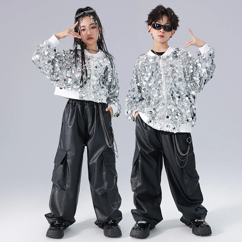元旦の子供の街のダンスの潮の服のスパンコールは男の子のヒップホップの街のスーツの女の子のhiphopジャズのダンスの服を演出します
