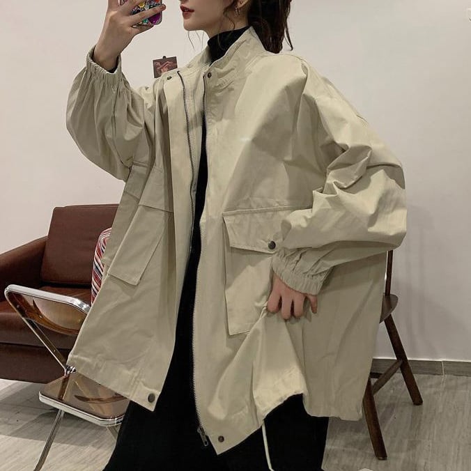 アウター 上着 ジャケット ウィンドブレーカー ミドル丈 チュニック丈 ボックスシルエット オーバーサイズ ドロップショルダー 無地 ジップアップ ドロストコード 体型カバー lout0705