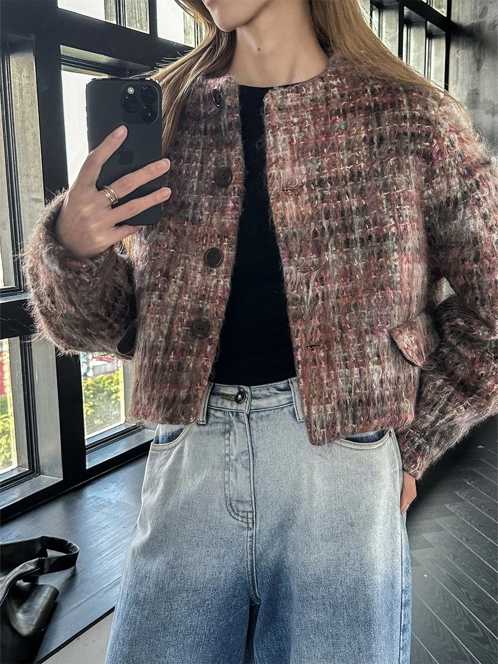 秋冬新作チェック柄ボタンノーカラーツイードジャケット ショート丈 女性用トップス