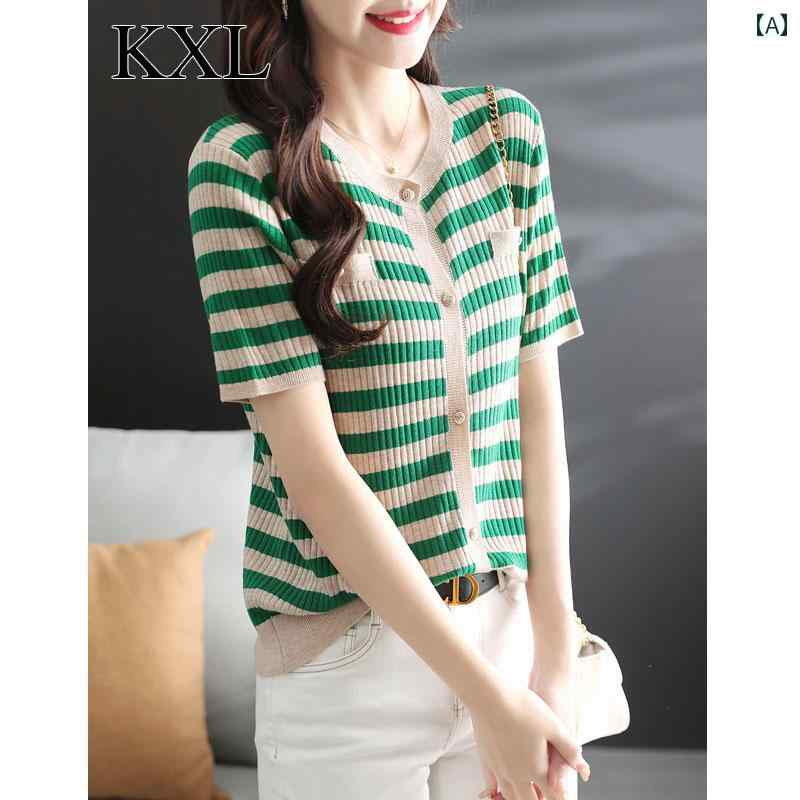 トップス レディース おしゃれ 上品 通勤 オフィス カジュアル 春夏 半袖 Tシャツ シック 薄手 涼しい 涼しい グリーンストライプ セーター Tシャツ