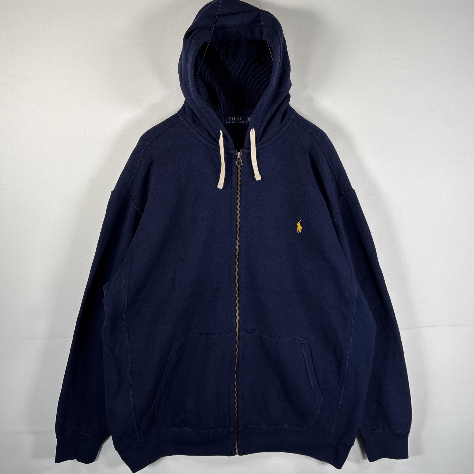 古着 パーカー フルジップ ワンポイントロゴ刺繍 フーディー フード紐 2XLT ネイビー メンズ