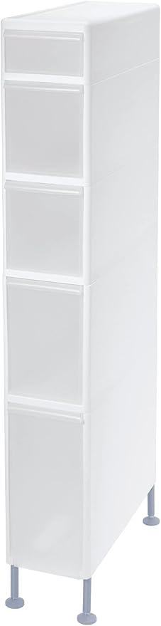 ランドリー収納 すき間 引出し スリム 5段 (アジャスター付) 約幅18.5×奥46.5×高120~122.5cm ホワイト 日本製 TS-10121A 洗濯機 横 スペース 隙間収納