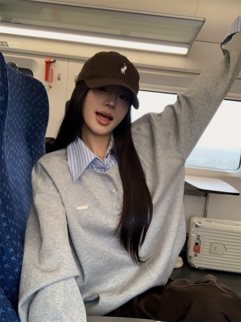 2025 春夏 トレンド フェイクツーピース トップス長袖かわいいK-POPTロング黑白レディース韓国風ロゴ衣装ルーズゆったりプリントおしゃれサイズスリーブシルエットファッション系サイドシャツフット